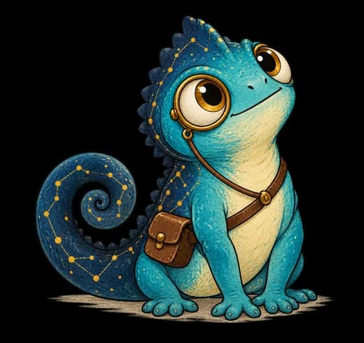 Mino, le caméléon d’Enigmino, assis et curieux